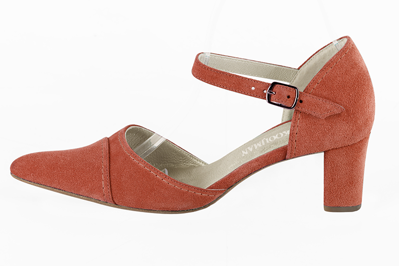 Terracotta orange women's open side shoes, with an instep strap. Tapered toe. Medium block heels. Profile view - Florence KOOIJMAN